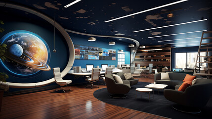 A space-themed office for a satellite communications company with satellite models, space visuals, and communication-themed decor.