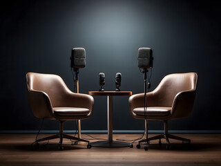 Two chairs and microphones in podcast or interview room isolated on dark background as a wide banner design for media conversations or podcast streamers concepts design.