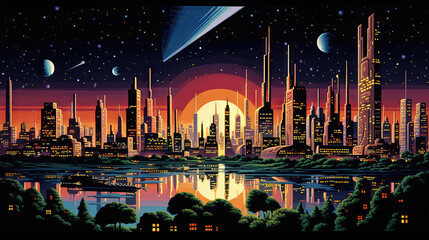 Retro futuristic city in the old school sci-fi art scene. Retro space landscape with city - obrazy, fototapety, plakaty