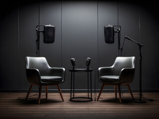 Two chairs and microphones in podcast or interview room isolated on dark background as a wide banner design for media conversations or podcast streamers concepts design.
