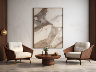 Luxurious Lounge Area with Marble Wall Art and Elegant Wooden Armchairs