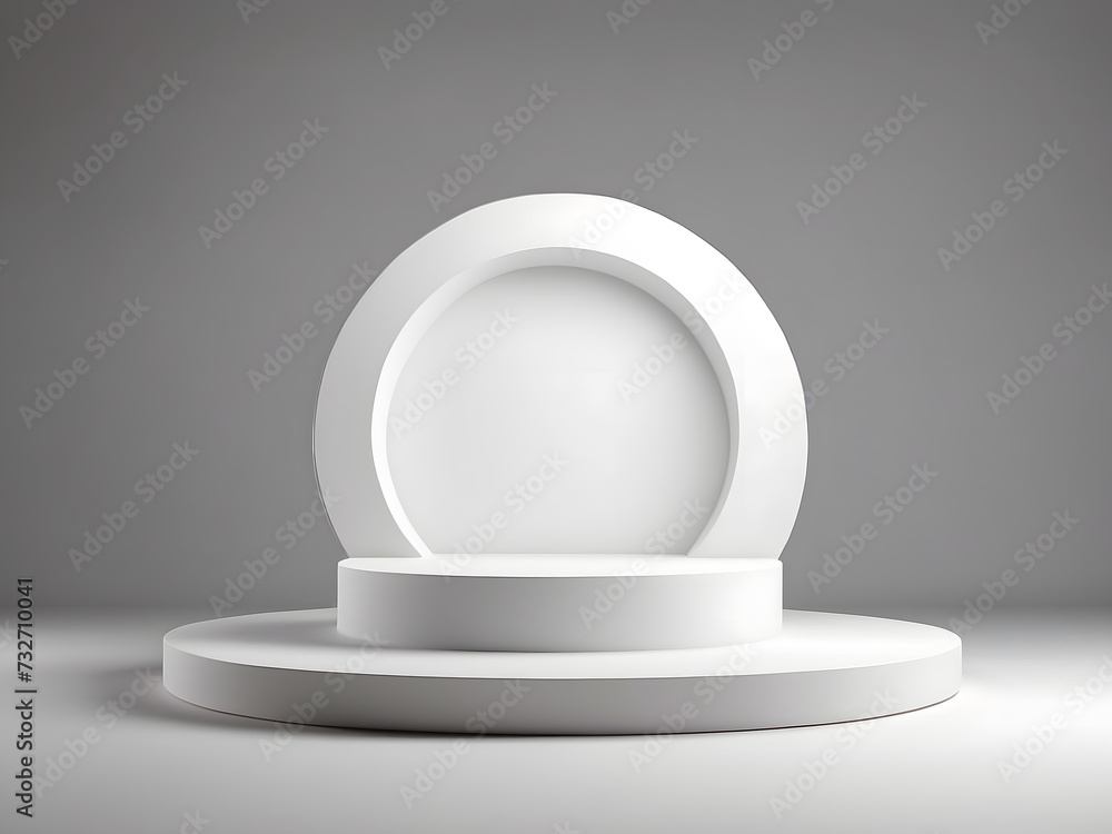 Poster abstract white 3d room with realistic white cylinder pedestal podium set and palm leaf shadow overla