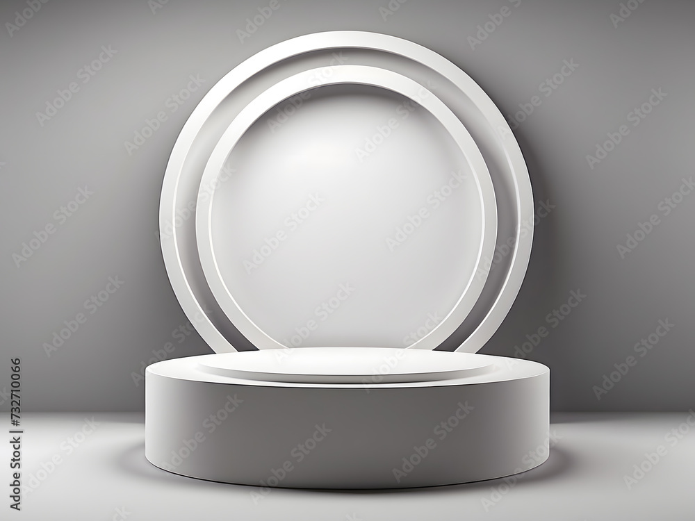 Poster abstract white 3d room with realistic white cylinder pedestal podium set and palm leaf shadow overla