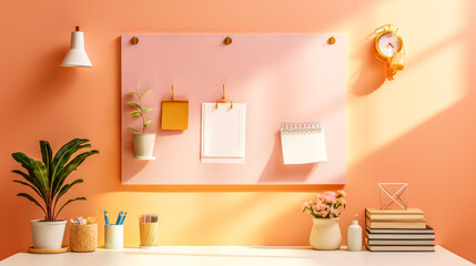 a mood board set against a peach wall