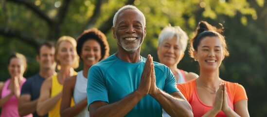 Diverse group of people participating in a wellness event or fitness class together outdoor nature view, promoting a sense of community support for health goals
