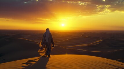 Fototapeta na wymiar Silhouette of a Muslim woman in the desert at sunset. Lone figure, cloaked in desert robes and a distinctive helmet, traversing a vast dune landscape with a sunsetting behind.