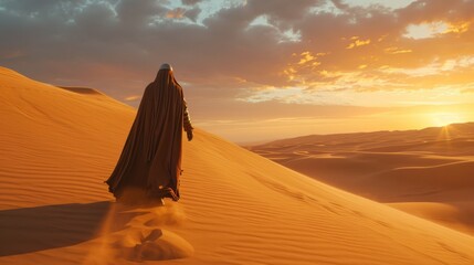 Fototapeta na wymiar Silhouette of a Muslim woman in the desert at sunset. Lone figure, cloaked in desert robes and a distinctive helmet, traversing a vast dune landscape with a sunsetting behind.