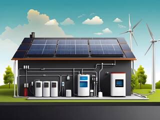 Wide banner design of an infographic diagram  for battery packs alternative electric clean energy storage system at smart home with solar panels roof as backup or sustainable energy concepts design