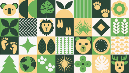 Bauhaus. Geometric background with abstract nature image. Template for background, banner, card, poster. Earth day, biodiversity day, nature and animals. EPS10 vector illustration.