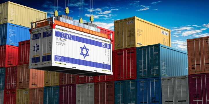 Freight shipping container with flag of Israel on crane hook - 3D illustration