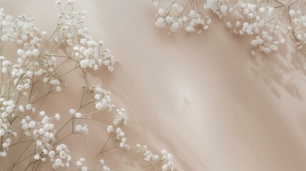 Obraz na płótnie Canvas gypsophila babys breath delicate floral frame on a ivory solid background, copy space, flat lay