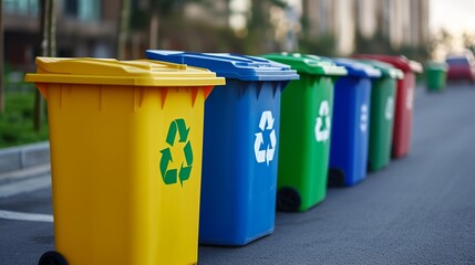 a row of colorful trash cans