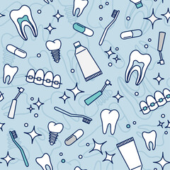 vector seamless pattern dental dentist oral hygiene, teeth, toothbrush and toothpaste, braces and dental implants, background for dental clinics and corporate identity
