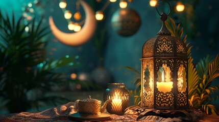 a lantern with a lit candle on a table