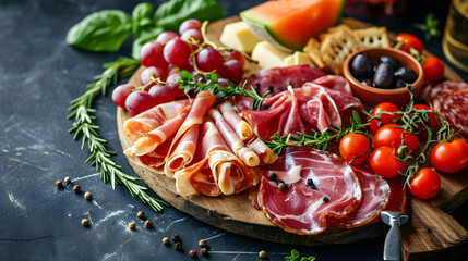 Culinary Fusion: Italian and Spanish Party Snacks on Board: Jamon, Tomatoes, Olives, and Bread. Generative AI - obrazy, fototapety, plakaty