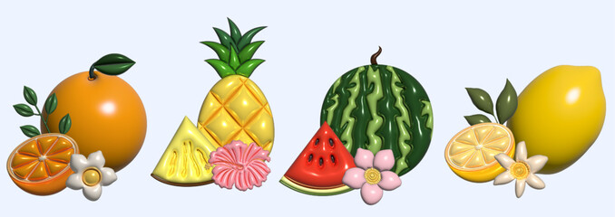 Colorful summer fruits with watermelon, lemon, orange and pineapple on purple background, Summer time concept, 3d rendering.