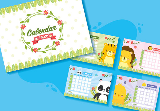 Green And Purple Cute Animal Kids Calendar Monthly Organizer Template