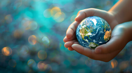 Two hands cradle a miniature Earth against a vivid blue background, symbolizing care and responsibility for our planet - obrazy, fototapety, plakaty