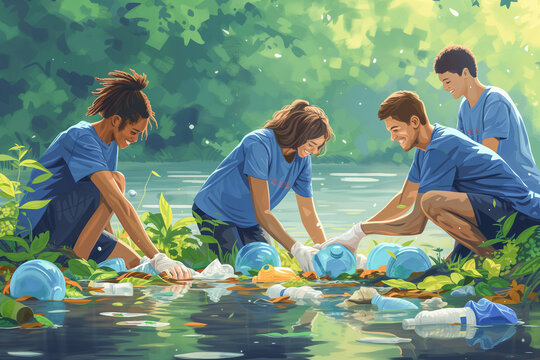 Happy Group of Volunteer Collecting Rubbish on River Bank. River Conservation Concept