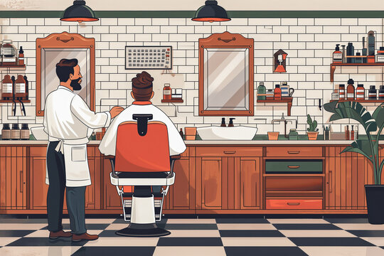 Illustration of Barber and Customer at Barbershop. Professional Barber Man Cutting Hair to Client at Salon. Small Business Concept