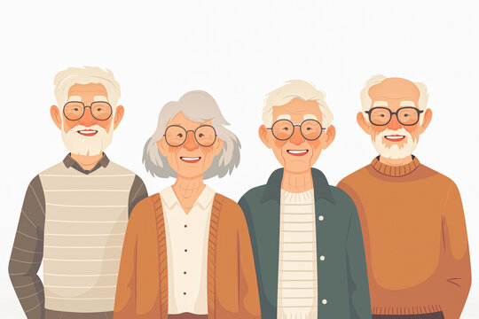 Illustration of Four Old People Looking at Camera. Senior People on Isolated Background. Elderly Life Concept