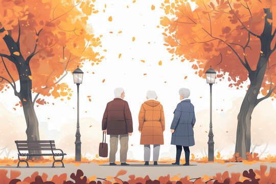 Illustration of Three Old People in a Park. Senior People Outdoors . Elderly Life Concept