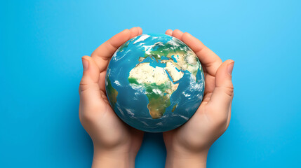 Two hands cradle a miniature Earth against a vivid blue background, symbolizing care and responsibility for our planet