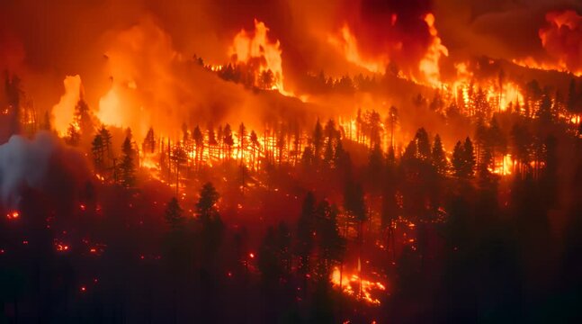fire in the forest, the destructive force of wildfires exacerbated by climate change, scene showcases flames engulfing forests and emitting plumes of smoke