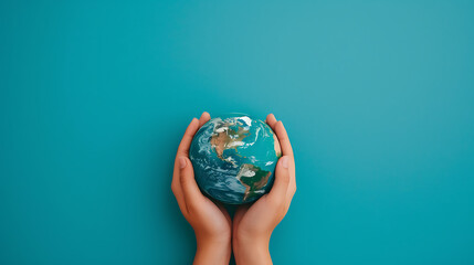 Two hands cradle a miniature Earth against a vivid blue background, symbolizing care and responsibility for our planet