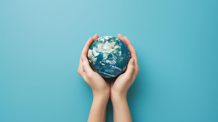 Two hands cradle a miniature Earth against a vivid blue background, symbolizing care and...