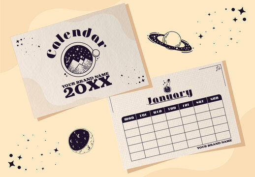 Beige Black Retro Space Aesthetic Monthly Calendar Template