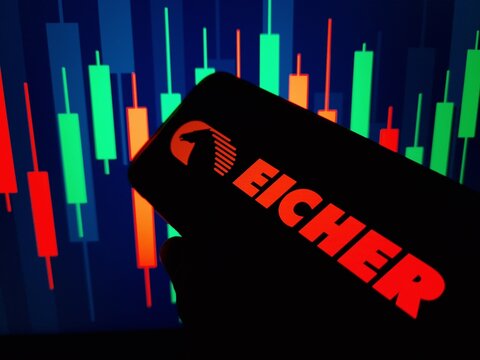 Konskie, Poland - February 09, 2024: Eicher Motors company logo displayed on mobile phone