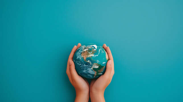 Two hands cradle a miniature Earth against a vivid blue background, symbolizing care and responsibility for our planet