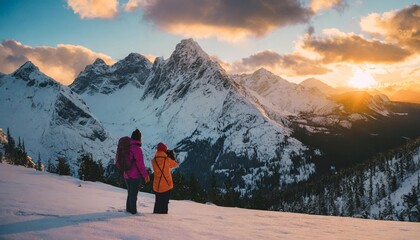 sunset transforms snow-covered rocky mountains into a captivating scene, adorned with warm hues. Distant figures express awe, bathed in golden lighting under the serene atmosphere