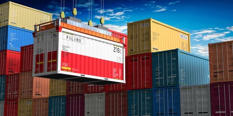 Fototapeta premium Freight shipping container with flag of Poland on crane hook - 3D illustration