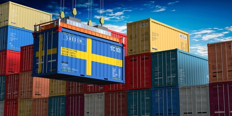 Fototapeta premium Freight shipping container with flag of Sweden on crane hook - 3D illustration