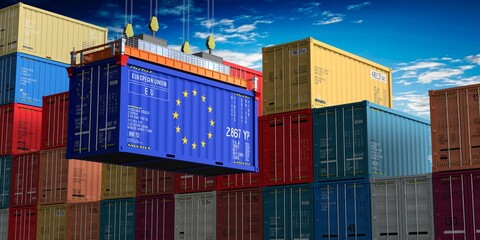 Freight shipping container with flag of European Union on crane hook - 3D illustration