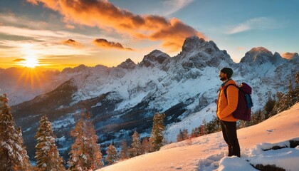 sunset illuminates majestic snow-covered mountains, casting warm hues on the ethereal landscape. Distant figures express awe, surrounded by golden lighting in this captivating scene
