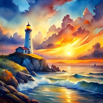 lighthouse at sunset, watercolor illustration