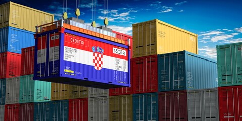 Fototapeta premium Freight shipping container with flag of Croatia on crane hook - 3D illustration