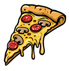An individual slice of thin-crust pizza with dripping yellow cheese and pepperoni and sliced mushroom topping