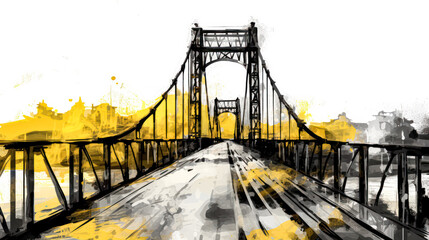 A captivating watercolor sketch of a bridge with yellow gray lines