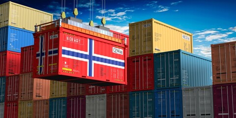 Fototapeta premium Freight shipping container with flag of Norway on crane hook - 3D illustration