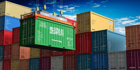 Freight shipping container with flag of Saudi Arabia on crane hook - 3D illustration - obrazy, fototapety, plakaty