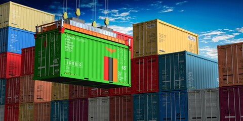 Fototapeta premium Freight shipping container with flag of Zambia on crane hook - 3D illustration