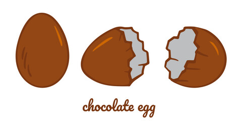 chocolate eggs set. Broken,two halves and a whole chocolate egg. Sweet symbol of Easter holiday. Vector dark cocoa dessert. Restaurant, cafe menu, holiday decoration.