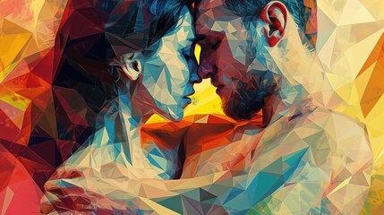 Man and woman kissing. They are depicted in a low-poly style, in bright colors. The woman has dark hair and the man has a beard. Concept: Valentine's Day.