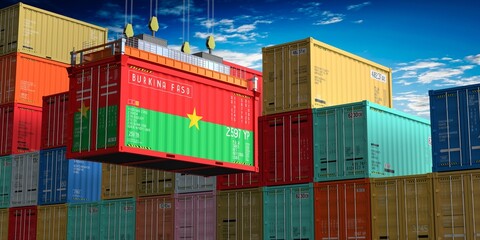 Fototapeta premium Freight shipping container with flag of Burkina Faso on crane hook - 3D illustration