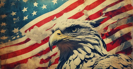 4th of July USA Independence Day background with American flag and bald eagle . Vintage. Banner