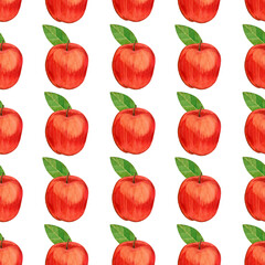Watercolor seamless pattern. Red apples with green leaves, hand drawn in watercolor. Suitable for printing on fabric and paper, for kitchen decoration, design of dishes and towels, tablecloths.